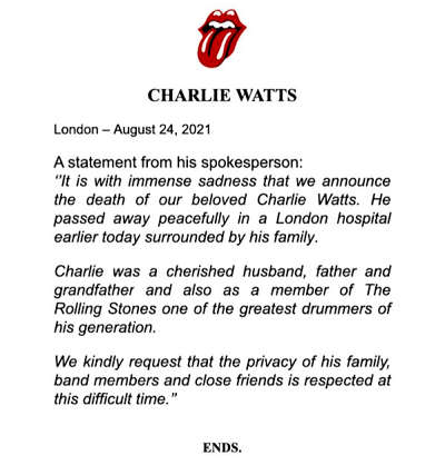 Charlie Watts ανακοίνωση θανάτου